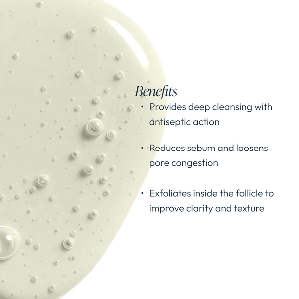 Close-up of light beige gel texture with small bubbles next to text listing benefits of Cleansing Gel with Salicylic Acid | Circadia, highlighting deep cleansing, sebum reduction, and exfoliation for clearer skin.