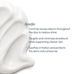 Close-up of creamy white skincare product texture with text highlighting benefits of Daytime Control Oil Reducer Circadia, including controlling excess sebum, minimizing breakouts, and soothing skin irritation.