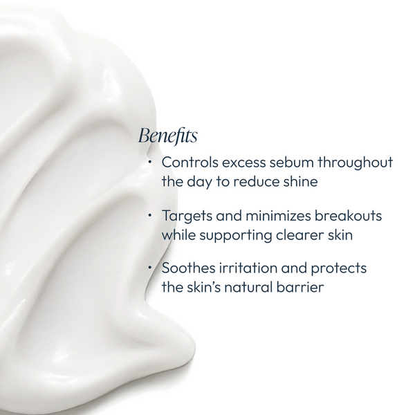 Close-up of creamy white skincare product texture with text highlighting benefits of Daytime Control Oil Reducer Circadia, including controlling excess sebum, minimizing breakouts, and soothing skin irritation.