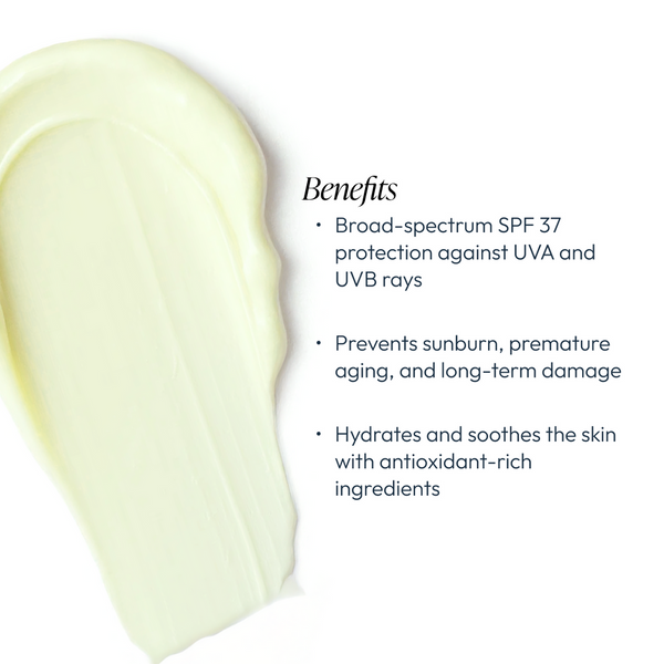 Creamy texture of skincare product highlighting benefits including broad-spectrum SPF 37 protection, sunburn prevention, anti-aging, and hydration with antioxidants for Light Day Sunscreen Broad Spectrum SPF 37 | Circadia