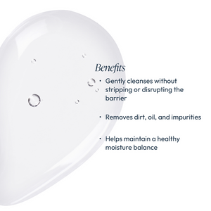 Clear gel texture with small bubbles shown alongside text highlighting benefits of Lipid Replacing Cleansing Gel | Circadia, including gentle cleansing without disrupting skin barrier, removing dirt and oil, and maintaining moisture balance for skincare.