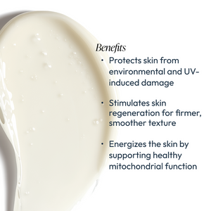 Close-up of a creamy white skincare lotion texture with overlay text listing benefits: protects skin from environmental and UV damage, stimulates skin regeneration for firmer texture, and energizes skin by supporting healthy mitochondrial function, promoting wellness with Revita-Cyte Complex | Circadia.