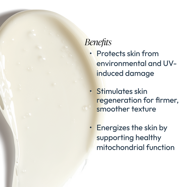 Close-up of a creamy white skincare lotion texture with overlay text listing benefits: protects skin from environmental and UV damage, stimulates skin regeneration for firmer texture, and energizes skin by supporting healthy mitochondrial function, promoting wellness with Revita-Cyte Complex | Circadia.