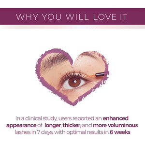 Close-up of an eye applying Lash & Brow Enhancer Serum | Blinc with a brush, highlighting benefits of longer, thicker, and more voluminous lashes in clinical study results.