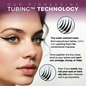 Close-up of a woman's eye with long lashes showcasing Curling TUBING™ Primer | Blinc’s tubing technology, featuring tiny water-resistant tubes that bind lashes without smudging or flaking.