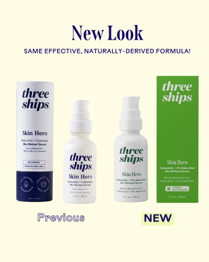 Comparison of previous and new packaging designs for SkinHero™ Calendula + 2% Bakuchiol Bio-Retinol Serum | Three Ships, showcasing natural skincare branding and product details.