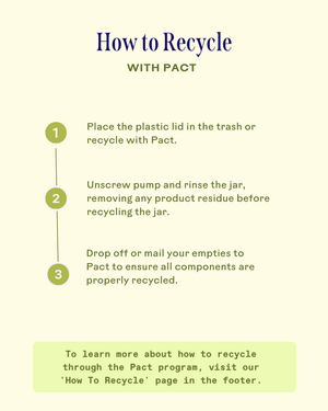 Instructions on recycling by removing the plastic lid, rinsing the jar, and mailing empties to Pact, related to Radiance Grape Stem Cell + Squalane Ultra-Hydrating Cream | Three Ships packaging.