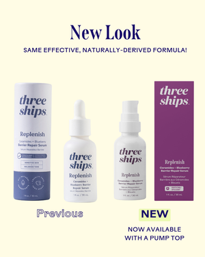 Comparison of prior and new packaging designs for Replenish Ceramides + Blueberry Barrier Repair Serum | Three Ships, highlighting the updated bottle with a pump top and purple accent box for skincare.