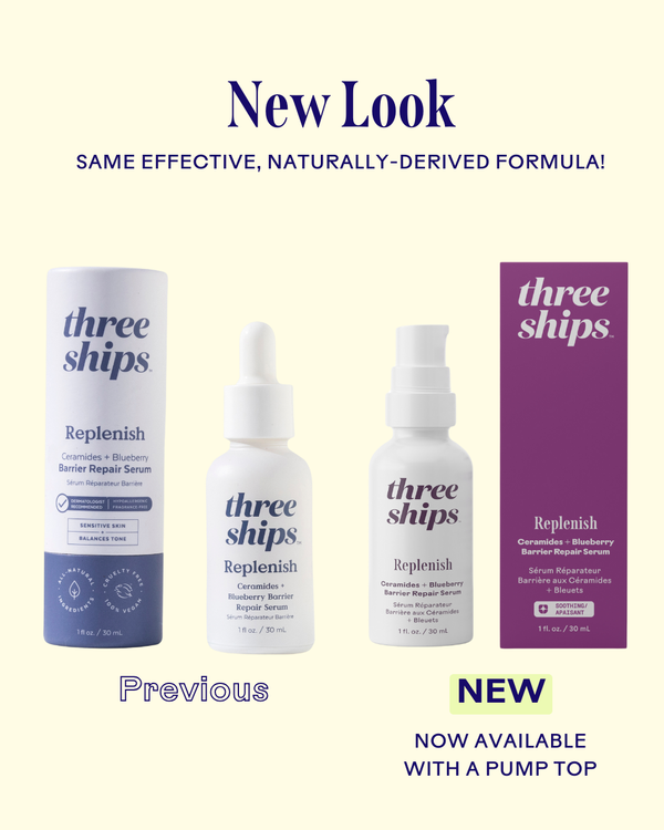Comparison of prior and new packaging designs for Replenish Ceramides + Blueberry Barrier Repair Serum | Three Ships, highlighting the updated bottle with a pump top and purple accent box for skincare.