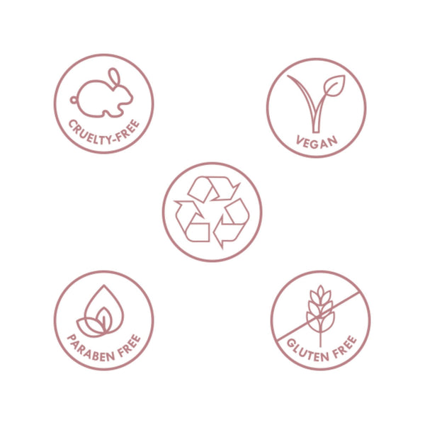 Icons representing cruelty-free, vegan, paraben-free, gluten-free, and recyclable features for Eyebrow Pencil | Chella.