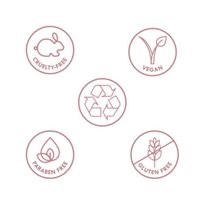 Icons representing cruelty-free, vegan, paraben-free, gluten-free, and recyclable attributes for Eyebrow Cream | Chella skincare product.