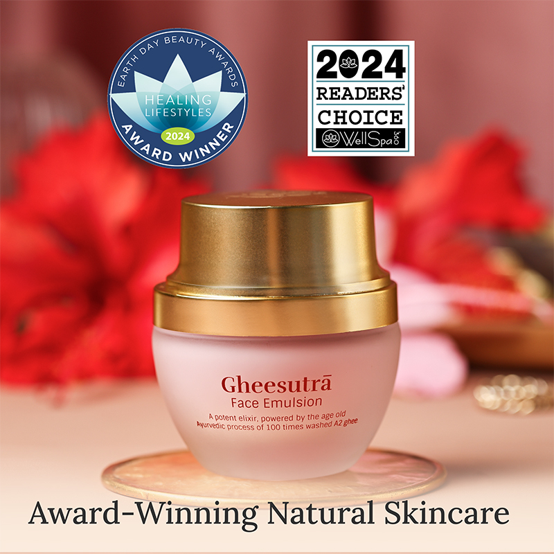 Gheesutra Face Emulsion | Shankara in a pink frosted jar with a gold lid, a skincare product designed for nourishing and revitalizing the skin.