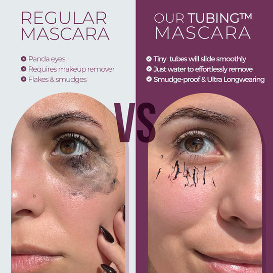 Close-up comparison of a woman's eye area showing smudged black under-eye makeup from regular mascara versus minimal smudging from Lash Extension Tubing Mascara | Blinc with tiny tubes that slide smoothly and remove easily with water