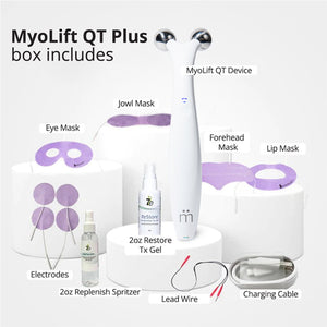 Myolift QT Plus Premium - Lifetime Membership | 7e Wellness showing the complete set including the MyoLift QT device, facial masks for eyes, jowl, forehead, lips, electrodes, gel, spritzer, lead wire, and charging cable for skincare and wellness use.