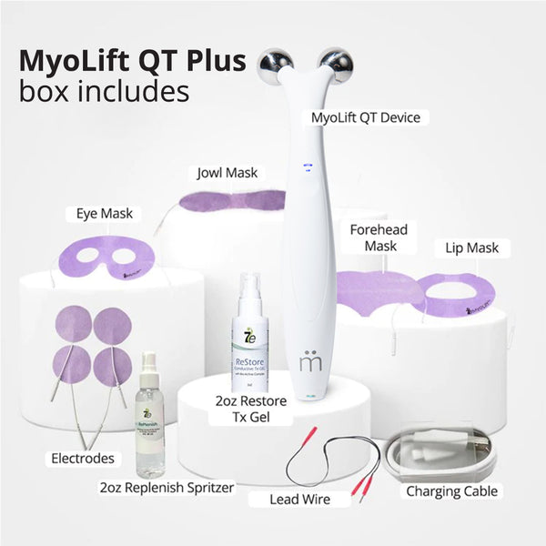 Myolift QT Plus Premium - Lifetime Membership | 7e Wellness showing the complete set including the MyoLift QT device, facial masks for eyes, jowl, forehead, lips, electrodes, gel, spritzer, lead wire, and charging cable for skincare and wellness use.