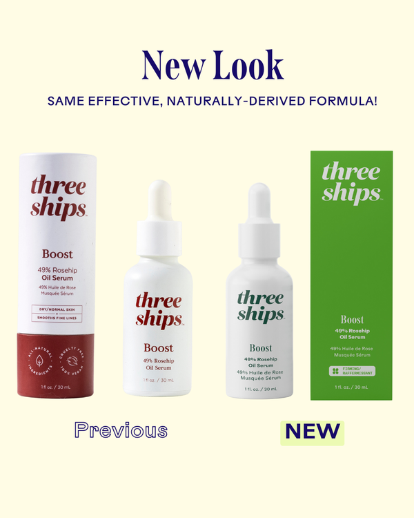 Comparison image showing the previous and new packaging designs of Boost 49% Rosehip Oil Serum | Three Ships with updated bottle and box featuring a green label and white dropper cap.