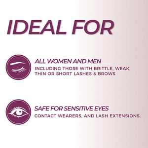 Text showing that Lash & Brow Enhancer Serum | Blinc is ideal for all women and men with brittle, weak, thin, or short lashes and brows, and is safe for sensitive eyes, contact lens wearers, and lash extensions.