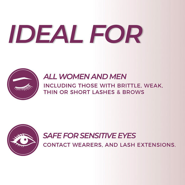 Text showing that Lash & Brow Enhancer Serum | Blinc is ideal for all women and men with brittle, weak, thin, or short lashes and brows, and is safe for sensitive eyes, contact lens wearers, and lash extensions.