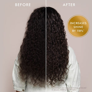 Comparison of curly hair before and after using Moroccanoil Treatment | Moroccanoil, showing enhanced shine and smoother texture on treated side.