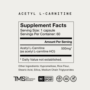 Supplement facts for Acetyl L-Carnitine showing 500mg per capsule, with 60 servings per container, including other ingredients like hypromellose and rice flour, labeled gluten-free, vegan, and GMO-free.