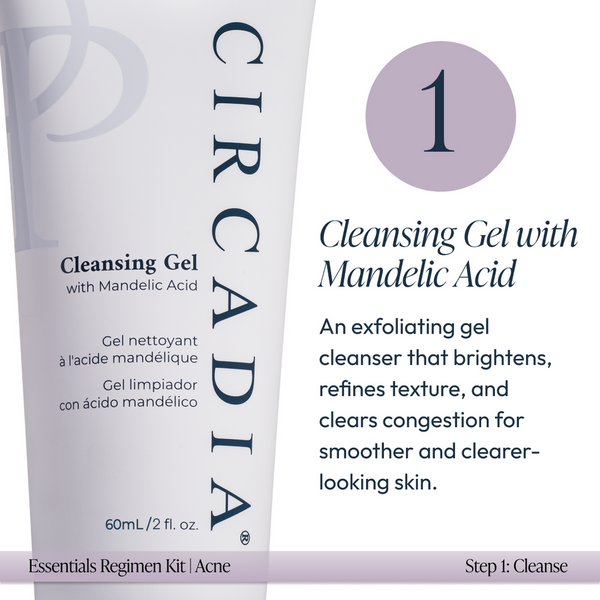 Close-up of a tube of Cleansing Gel with Mandelic Acid from the Acne Regimen Bundle | Circadia, an exfoliating gel cleanser that brightens and refines skin texture.