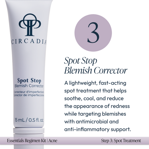 Tube of Spot Stop Blemish Corrector from Acne Regimen Bundle | Circadia with description highlighting its lightweight, fast-acting formula to soothe, cool, and reduce redness while targeting blemishes.