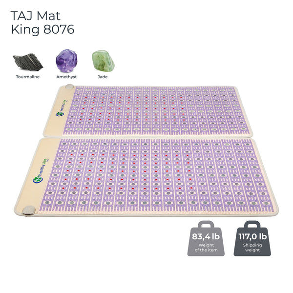 TAJ-Mat™ King 8076 Firm - Photon PEMF Split Inframat Pro® | HealthyLine showing the mat with embedded amethyst, jade, and tourmaline stones designed for wellness and recovery.