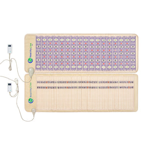 TAJ-Mat™ Full 7224 Firm - Photon PEMF InfraMat Pro® | HealthyLine showing two beige wellness mats with embedded therapeutic stones and digital control panels for body care and recovery.