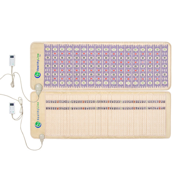 TAJ-Mat™ Full 7224 Firm - Photon PEMF InfraMat Pro® | HealthyLine showing two beige wellness mats with embedded therapeutic stones and digital control panels for body care and recovery.