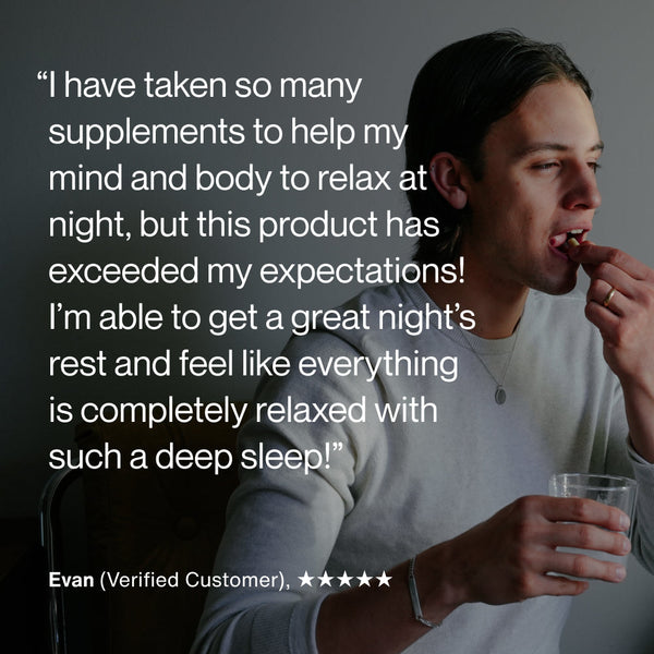 Man holding a glass of water and taking a supplement, accompanied by a testimonial praising Apigenin for helping achieve deep, relaxing sleep and exceeding expectations.