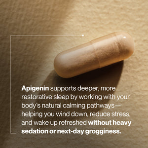 Close-up of a single Apigenin supplement capsule on a beige surface with text describing its benefits for deeper restorative sleep, stress reduction, and waking refreshed without grogginess.