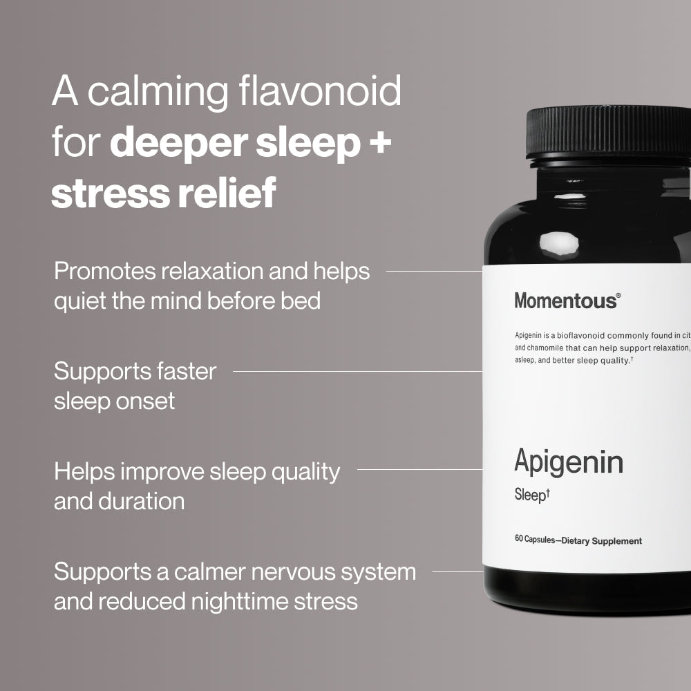 Black bottle of Apigenin dietary supplement with white label featuring minimalist text and an orange logo, designed for wellness and sleep support.