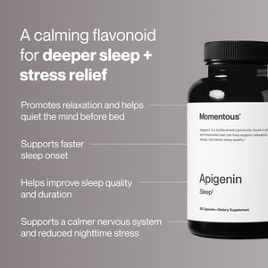 Apigenin dietary supplement bottle with text highlighting benefits for deeper sleep, stress relief, relaxation, faster sleep onset, improved sleep quality, and calmer nervous system.