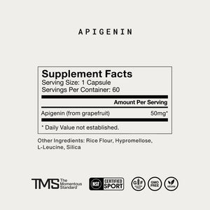 Supplement facts for Complete Sleep Stack showing 50mg of apigenin from grapefruit per capsule with additional ingredients listed, and certifications including NSF Certified Sport and vegan.