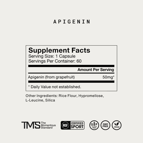 Supplement facts for Complete Sleep Stack showing 50mg of apigenin from grapefruit per capsule with additional ingredients listed, and certifications including NSF Certified Sport and vegan.