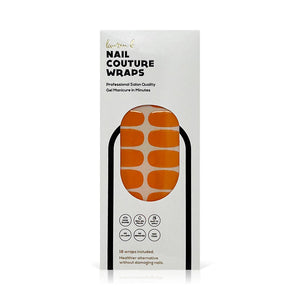Package of orange gel nail wraps with a glossy finish displayed through a window, featuring the Gel Nail Wrap | Lauren B. Beauty branding on the box.