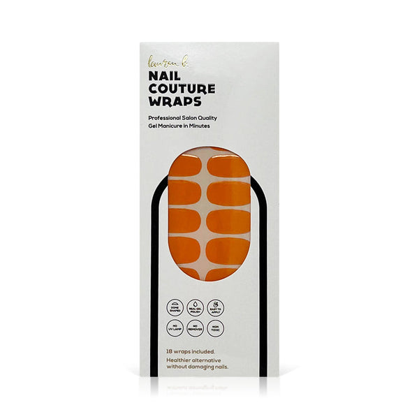 Package of orange gel nail wraps with a glossy finish displayed through a window, featuring the Gel Nail Wrap | Lauren B. Beauty branding on the box.