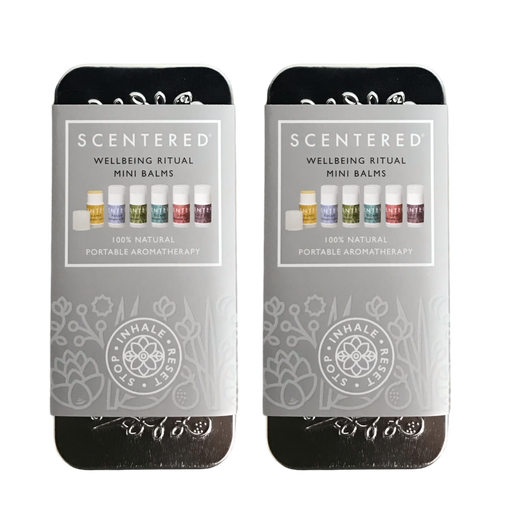 Two closed metal tins labeled Wellbeing Ritual Aromatherapy Mini Tin | Scentered featuring portable natural aromatherapy balm products in pastel colors, designed for wellness and skincare.