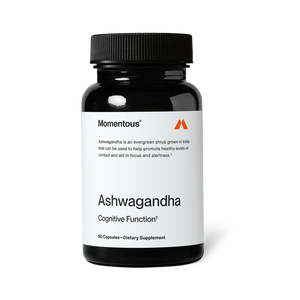 Bottle of Ashwagandha dietary supplement by Momentous, designed to support cognitive function and promote healthy cortisol levels for wellness and focus.