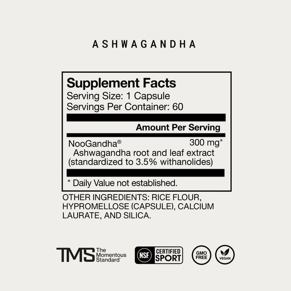 Supplement facts for Ashwagandha showing 300 mg of NooGandha root and leaf extract per capsule, with additional ingredients including rice flour and capsule materials, certified vegan and GMO-free.