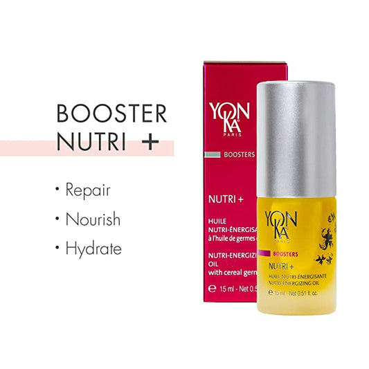 Booster Nutri+ | Yon-Ka Paris nourishing skincare oil with cereal germs, designed to repair, hydrate, and revitalize the skin in a small yellow bottle with silver cap and red packaging.