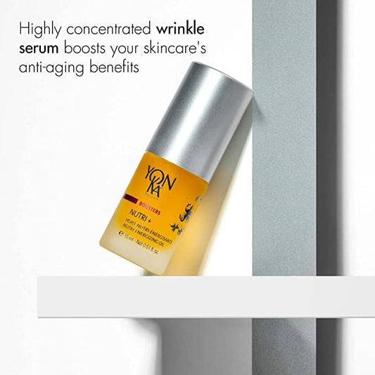 Bottle of Booster Nutri+ | Yon-Ka Paris wrinkle serum displayed on a minimalist shelf with text highlighting its anti-aging and skincare benefits.