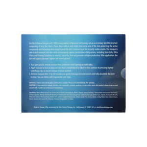 Back of packaging for SkinTensity Advanced BioCellular Sheet Masque | Skin Fitness Therapy, featuring detailed usage instructions, ingredients list, and storage information for this skincare product.