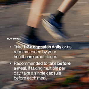 Instructions for using Berberine with text overlayed on a blurred background of a person running with navy blue shoes and black ankle socks on a pavement surface.