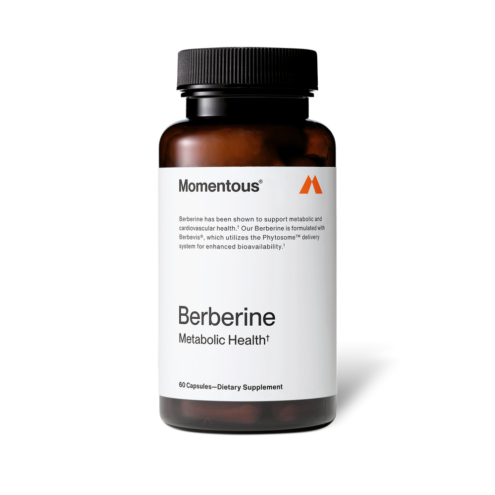 Bottle of Berberine dietary supplement by Momentous, supporting metabolic health with advanced bioavailability, containing 60 capsules for wellness supplementation.