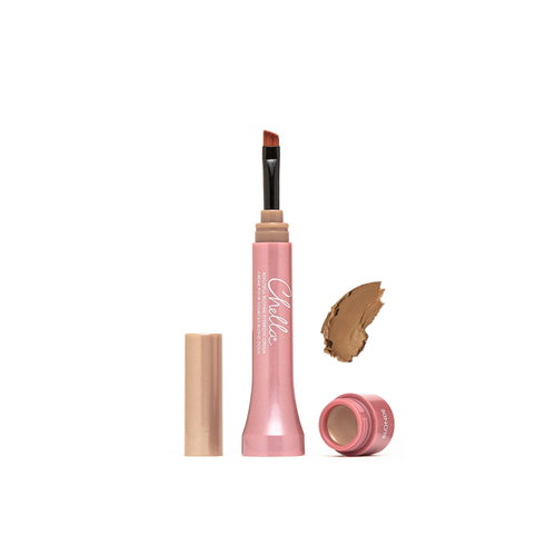 Eyebrow Cream | Chella in a sleek pink tube with a slanted applicator brush, alongside a swatch of blonde cream for natural eyebrow definition.
