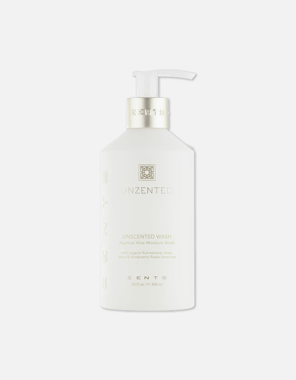 Bottle of Ageless Aloe Moisture Wash | Zents with a pump dispenser, featuring a minimalist white design for skincare and body care routines.