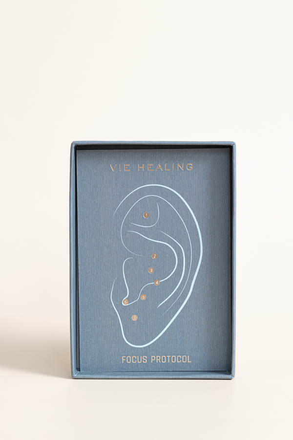 Calm Cool Collected - 24K Gold Ear Seed | Vie Healing packaging showing an ear diagram with numbered focus points against a textured blue background.