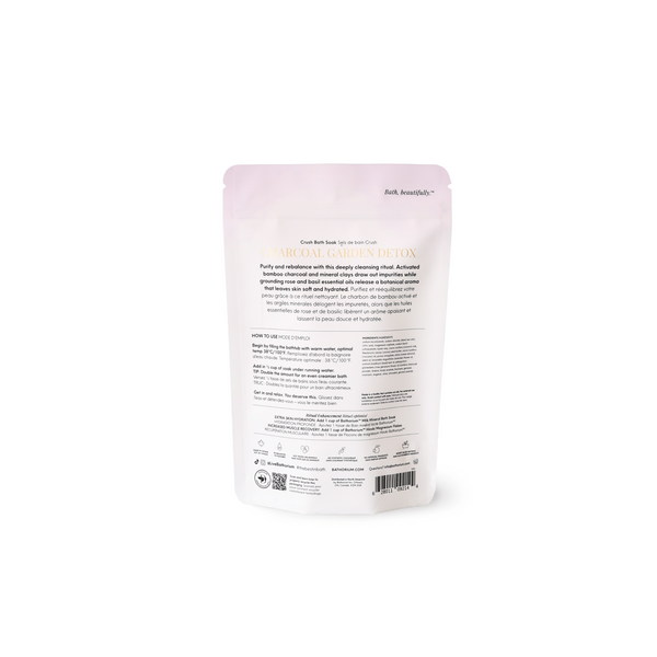 Charcoal Garden Detox Crush | Bathorium pouch showing the back label with product details, directions, ingredients, certification icons, and barcode