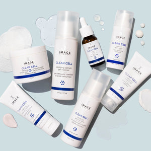 Collection of IMAGE Skincare CLEAR CELL salicylic clarifying pads | IMAGE Skincare products including cleanser, serum, and treatment tubes for skincare and body care routines.
